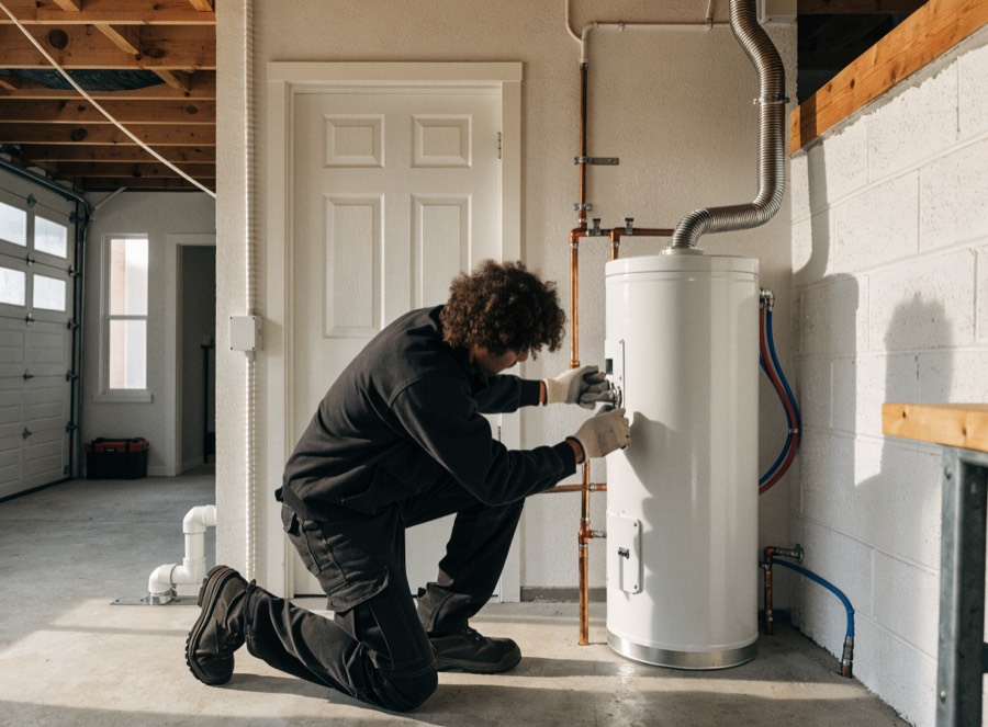 Technician installing a water heater