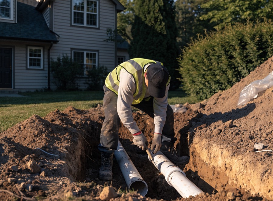 Sewer line repair in a front yard