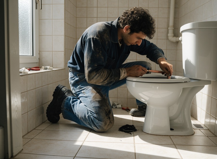 Plumber repairing a toilet
