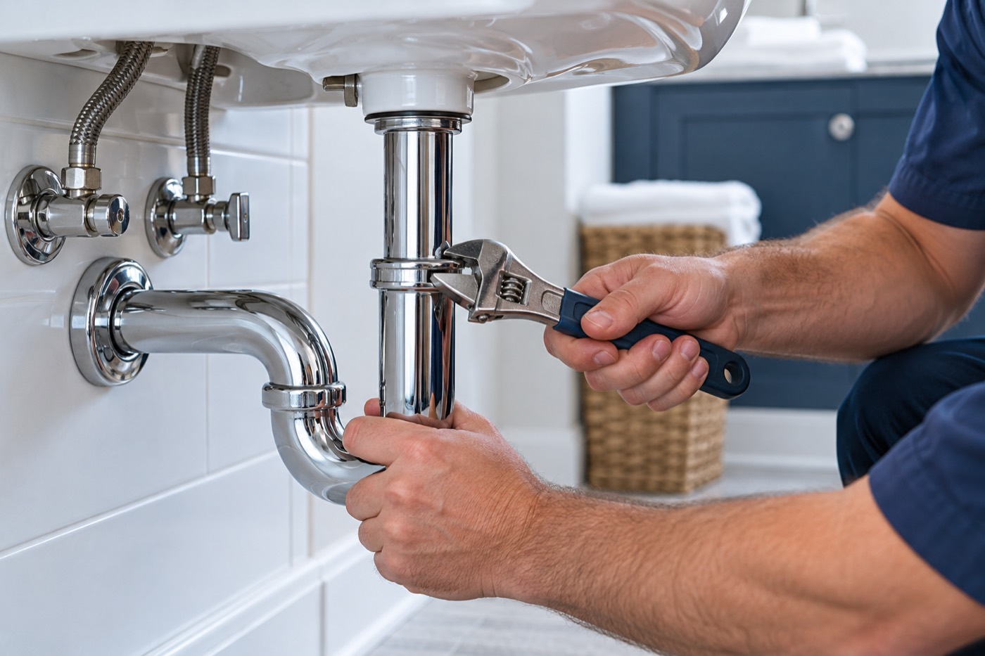Hands working on a sink drain connection